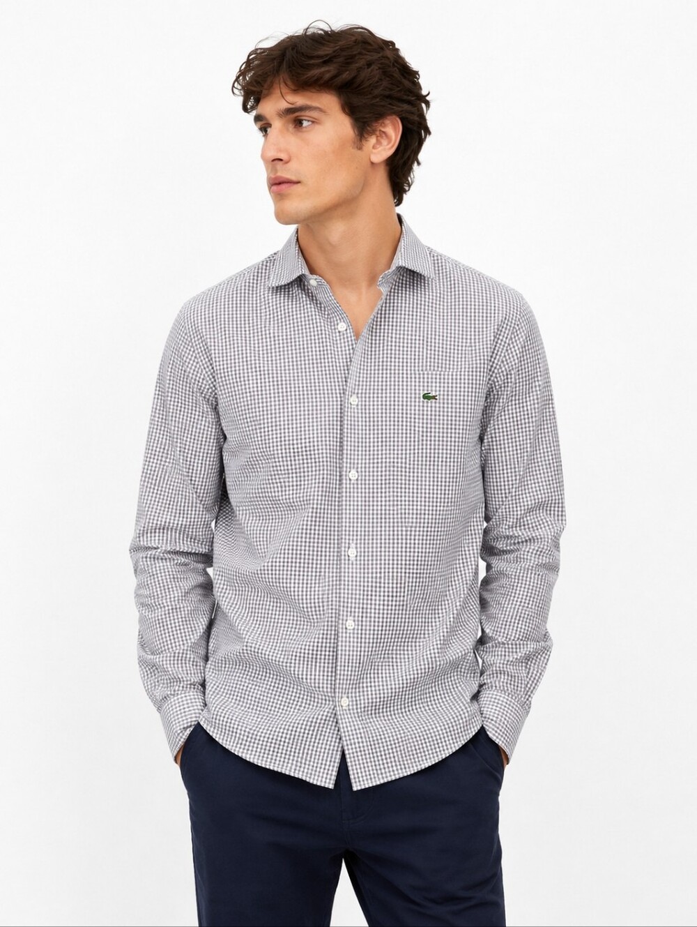Lacoste Regular Fit Grey White Gingham Button Up Shirt Mens Sz 41 Cotton Preppy